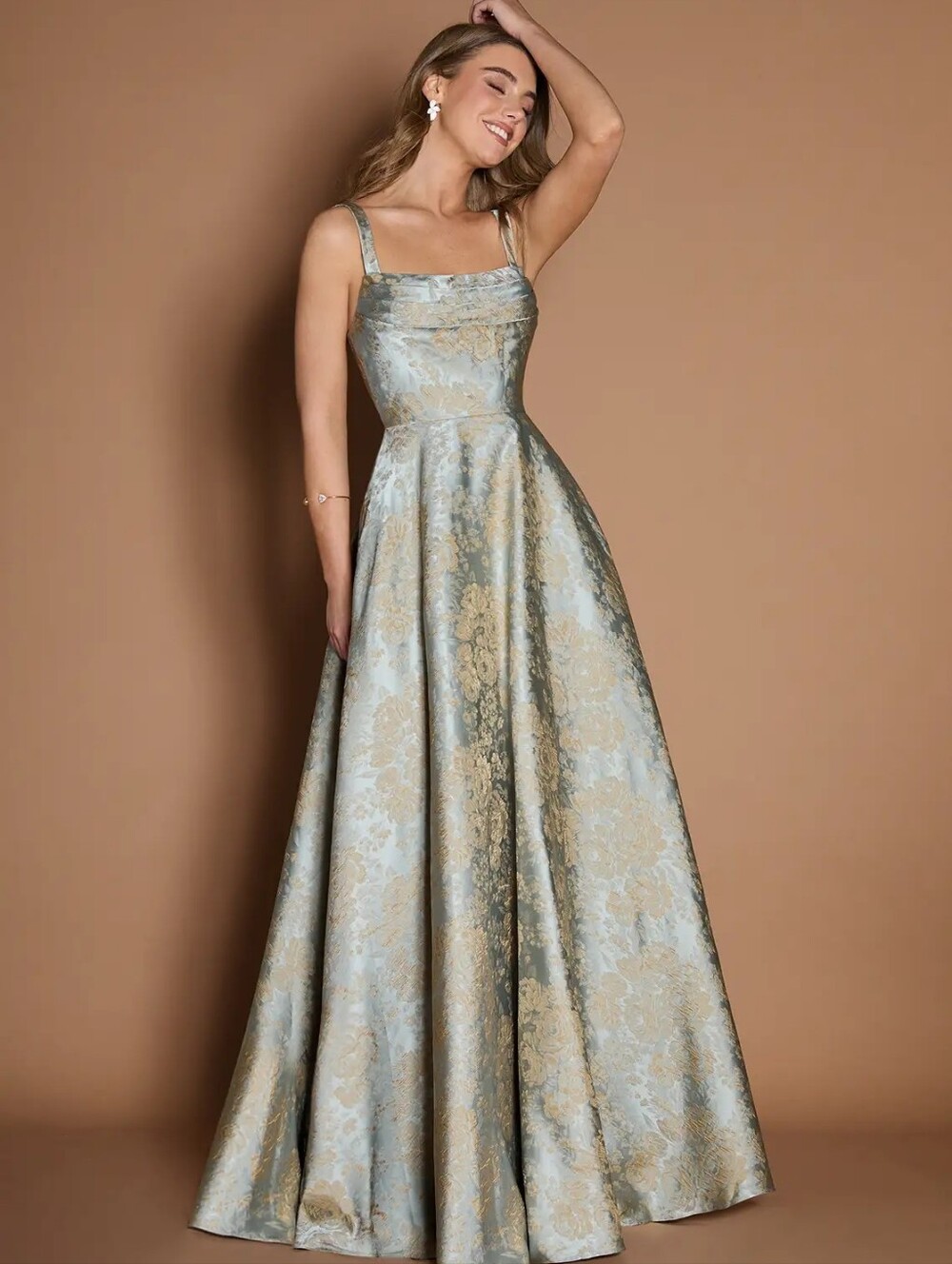 Azazie Lilla Jacquard Ball Gown Sage Gold Floral Wedding Guest Dress Size 12